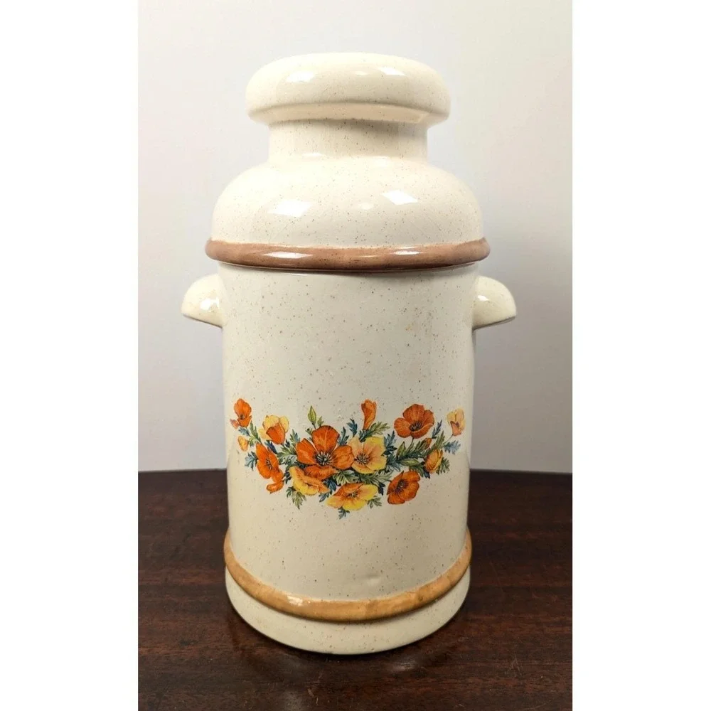 Vintage Ceramic Floral Canister Poppy Decal Speckled Glaze
